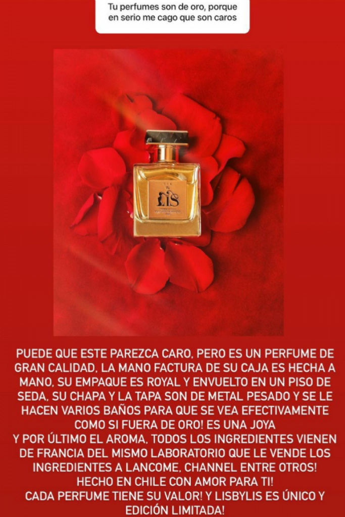 f768x1 21380 21507 174 Por el mes de abril del año pasado, Lisandra Silva lanzó su línea de perfumes llamada "Lysbylis", consolidando su marca y transformándose en una "empresaria". Durante esta semana ha recibido varios pedidos por el día de los Enamorados que se celebrará el lunes 14 de febrero, sin embargo, fue blanco de críticas por su producto estrella,