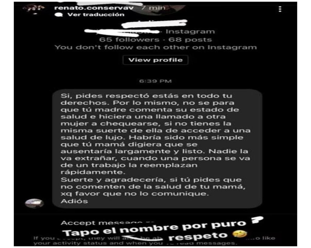 IMG 20220707 WA0042 El hijo de la animadora Claudia Conserva y Pollo Valdivia, Renato Valdivia , llamó la atención de los medios tras compartir en sus redes sociales un desubicado comentario que recibió de una usuaria quien opinó sobre la enfermedad que enfrenta la conductora.