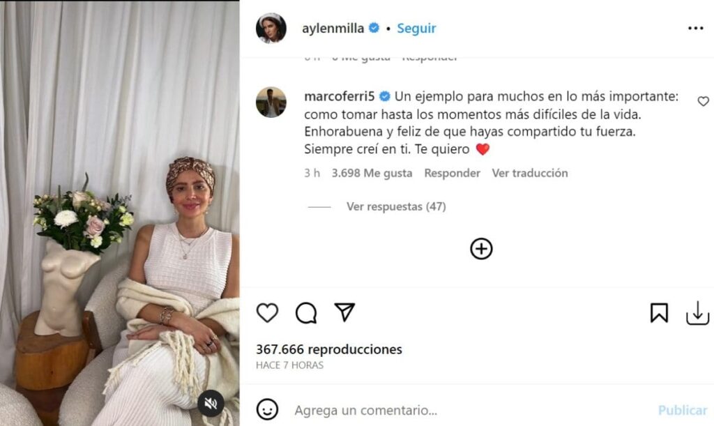 Mensaje de Marco Ferri para Aylen Milla 1200x716 1 El modelo italiano,le expresó su apoyo a Aylén Milla, luego de que la exchica reality confirmara que padece cáncer de mama.