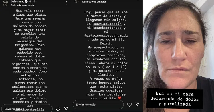 Belén Mora al borde del colapso por complejo cuadro de salud: ‘Pensé que me moría del dolor’ y quedó sin medicamentos por la lactancia 2 Belen Mora preocupo con complejo cuadro de salud Pense que me iba a morir de dolor 2 La comediante contó que, desde hace una semana, comenzó a sufrir fuertes dolores de cabeza que terminaron siendo diagnosticados como una crisis de neuralgia del trigémino.