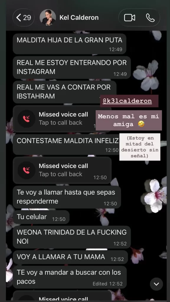 “Maldita hija de la gran…”: la furiosa y divertida reacción de Kel Calderón al compromiso de Trinidad de la Noi 3 SaveClip.App 598025529 18548803042028301 4464273639963846846 n Este viernes, Trinidad de la Noi anunció su compromiso matrimonial con el destacado jugador de voleibol Esteban Grimalt, noticia que compartieron en una publicación conjunta en Instagram durante su viaje por San Pedro de Atacama, donde la modelo posó mostrando su anillo.