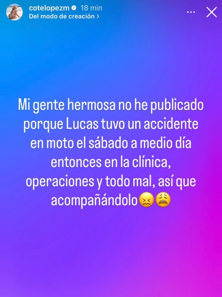 cote lopez storie Lucas Lama fue hospitalizado de urgencia luego de sufrir un accidente en motocicleta durante el fin de semana, situación que fue dada a conocer por Coté López a través de redes sociales, generando inmediata preocupación entre sus seguidores.