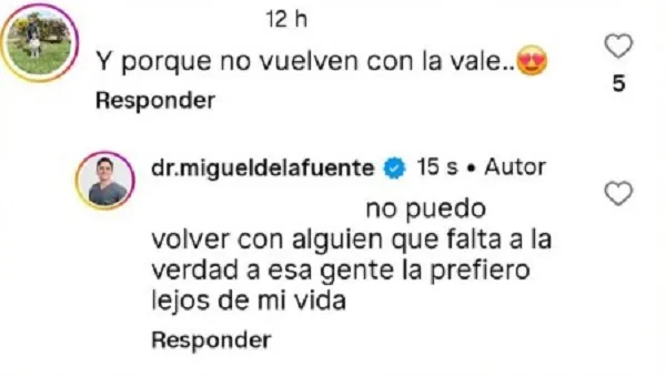 ¿Se acabó todo? Exmarido de Vale Roth deslizo posible razón del quiebre y aseguró que "No puede volver con alguien que…" 2 mensaje miguel de la fuente expareja vale roth La mediática separación entre Vale Roth y el odontólogo Miguel de la Fuente sumó un nuevo y explosivo capítulo. La polémica surgió luego de que De la Fuente utilizara su cuenta de Instagram, generalmente dedicada a su especialidad de ortodoncia, para responder una consulta personal ligada a la relación con la bailarina. El comentario del profesional generó un impacto inmediato entre sus seguidores y expuso una de las posibles razones detrás del quiebre matrimonial.