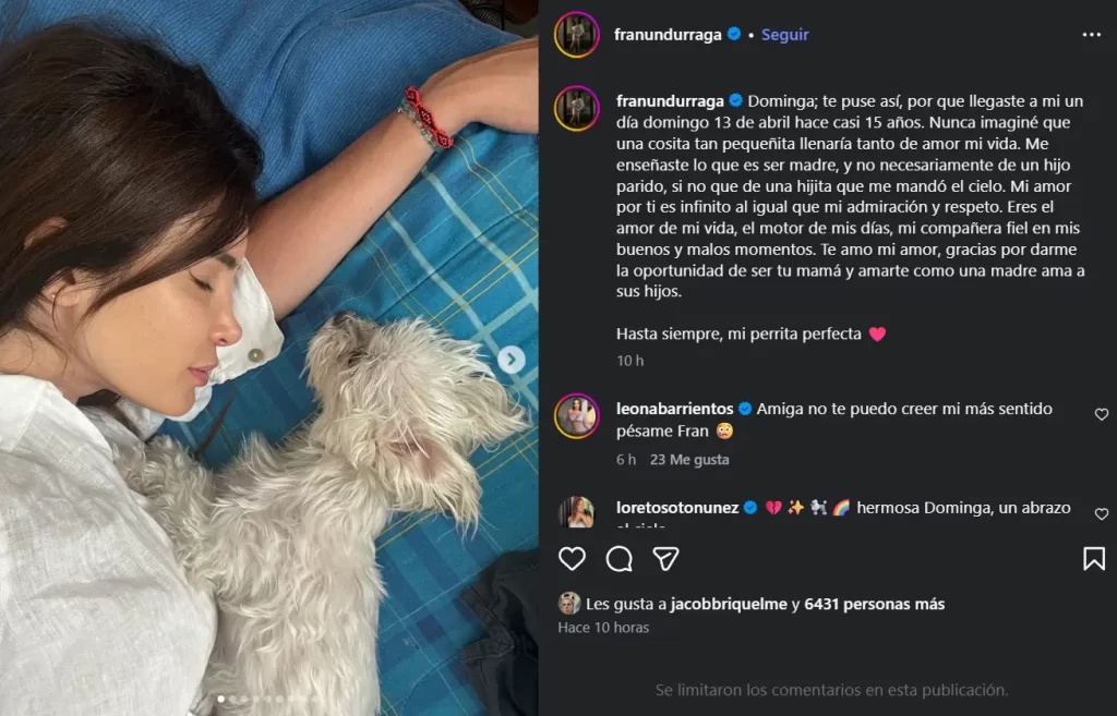 “Me enseñaste a ser madre”: Fran Undurraga anuncia la muerte de su perrita Dominga con emotivo mensaje 2 Me ensenaste a ser madre Fran Undurraga anuncio muerte con estremecedor mensaje 1 La modelo y exchica reality compartió un conmovedor texto en redes sociales para despedir a su fiel compañera de casi 15 años, una pérdida que marcó profundamente su historia personal y que generó una ola de apoyo entre seguidores y figuras del espectáculo.