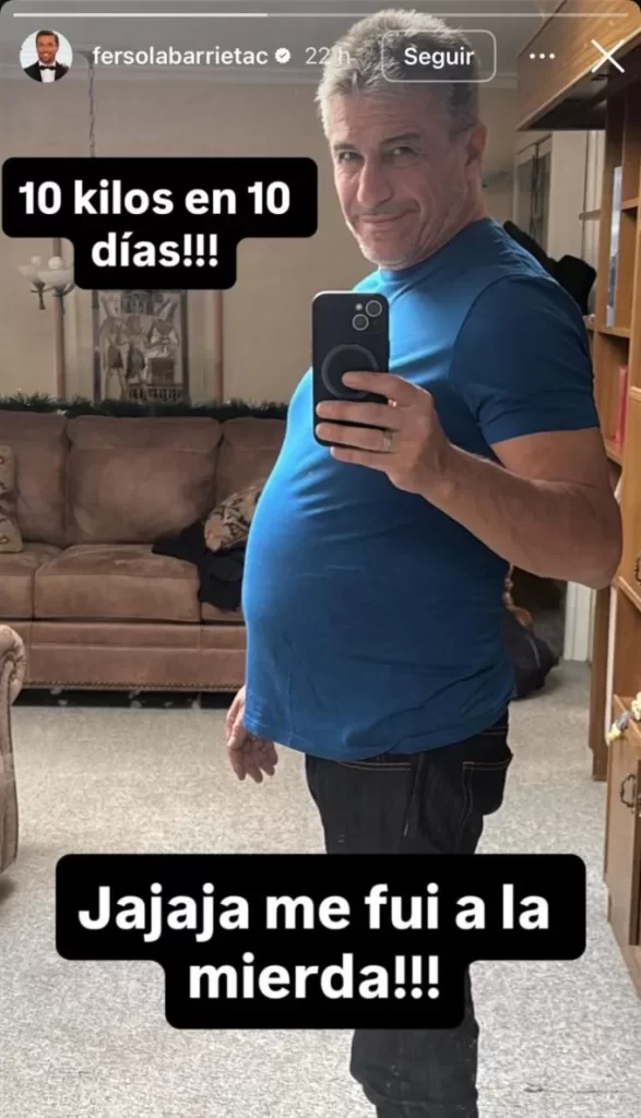 Solabarrieta El periodista compartió una foto en redes sociales, reveló que subió 10 kilos en solo 10 días y reaccionó con humor a su transformación.