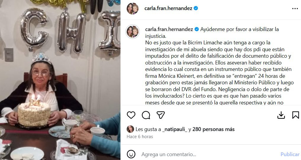 “Ayúdenme, por favor”: nieta de María Elcira rompe el silencio tras revelar imputación de detectives en el caso 2 nieta maria elcira contreras potente llamado Carla Hernández alzó la voz en redes sociales luego de confirmar que dos funcionarios de la PDI están imputados por presunta obstrucción a la justicia en la desaparición de su abuela.