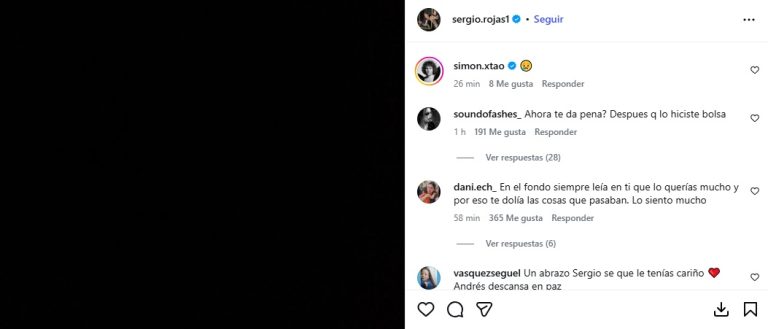 La publicación de Sergio Rojas tras la repentina muerte de Andrés Caniulef que dividió a sus seguidores 2 reaccion sergio rojas muerte andres caniulef 768x329 1 El conductor de “Que te lo digo” reaccionó al fallecimiento del periodista con una imagen negra en Instagram, una señal de luto que dividió a los usuarios y abrió una intensa discusión en redes sociales.