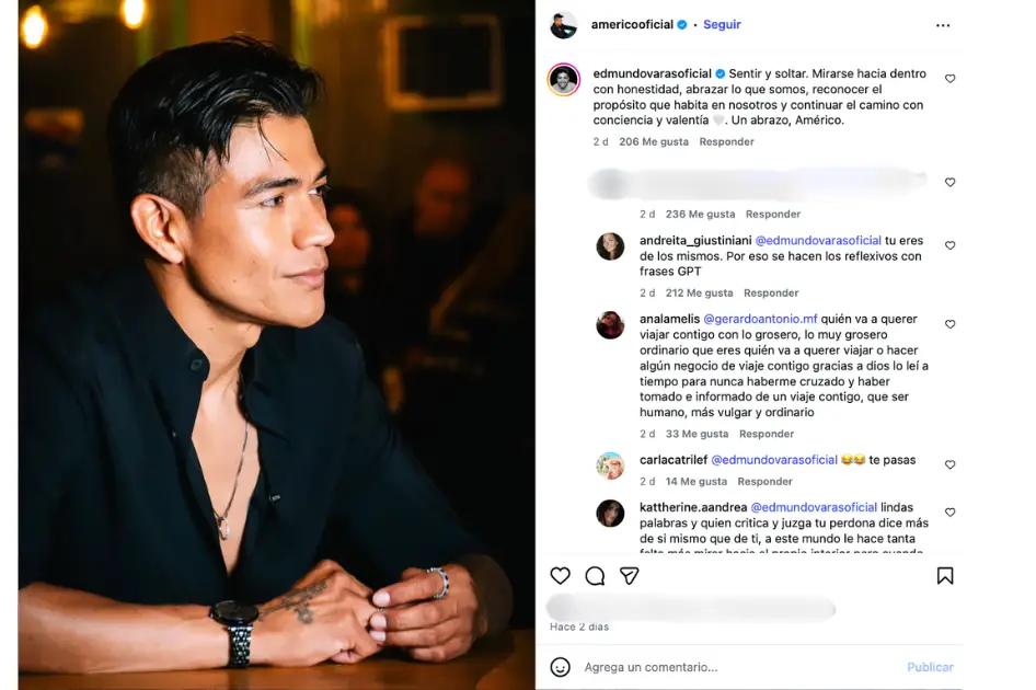 “Tú eres de los mi...”Apoyo de Edmundo Varas a Américo desata ola de críticas en redes sociales 2 americo edmundo varas edited El exchico reality respaldó al cantante con un mensaje reflexivo, pero terminó enfrentando duros cuestionamientos por parte de usuarios.