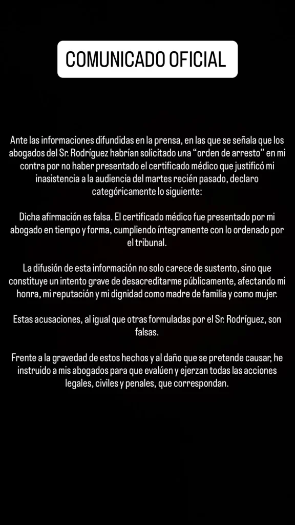 danielaranguiz La panelista salió al paso de la información revelada en televisión sobre una eventual orden en su contra, en el marco de la querella presentada por Juan David Rodríguez.