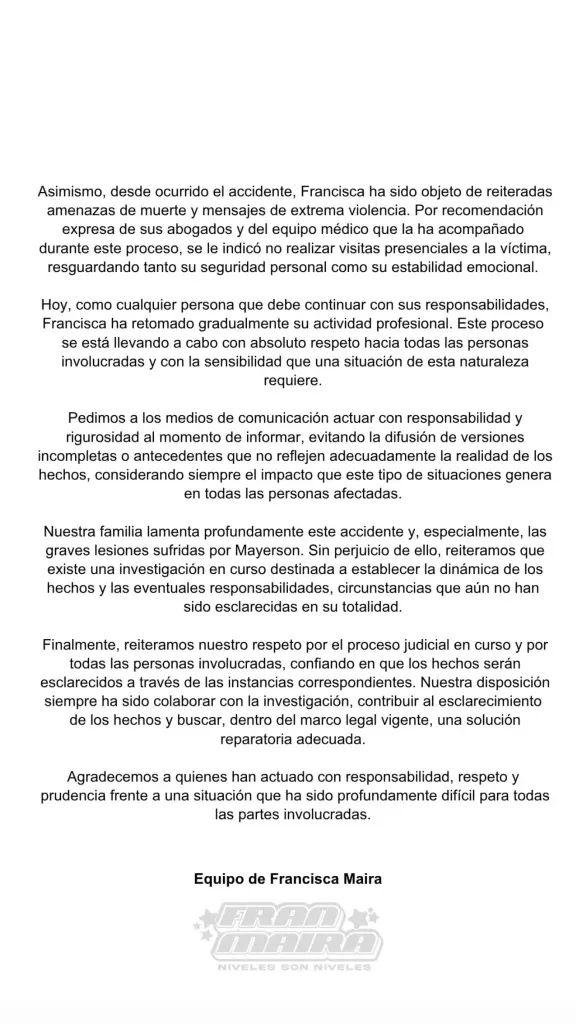 La millonaria exigencia que cambió todo: Fran Maira desmintió abandono tras accidente de motorista y destapó la verdadera razón 3 la millonaria exigencia que cambio todo fran maira desmintio abandono La participante de Fiebre de Baile rompió el silencio a través de su equipo legal, acusando falsedades en el relato del padre de la víctima y revelando graves amenazas de muerte en su contra.